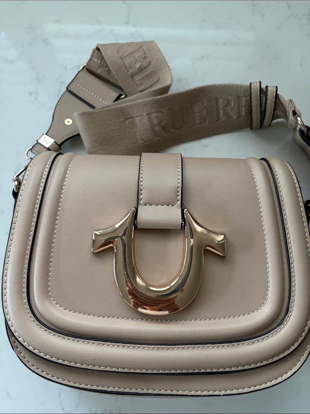 True Religion Taupe Crossbody Bag with Gold Accent
